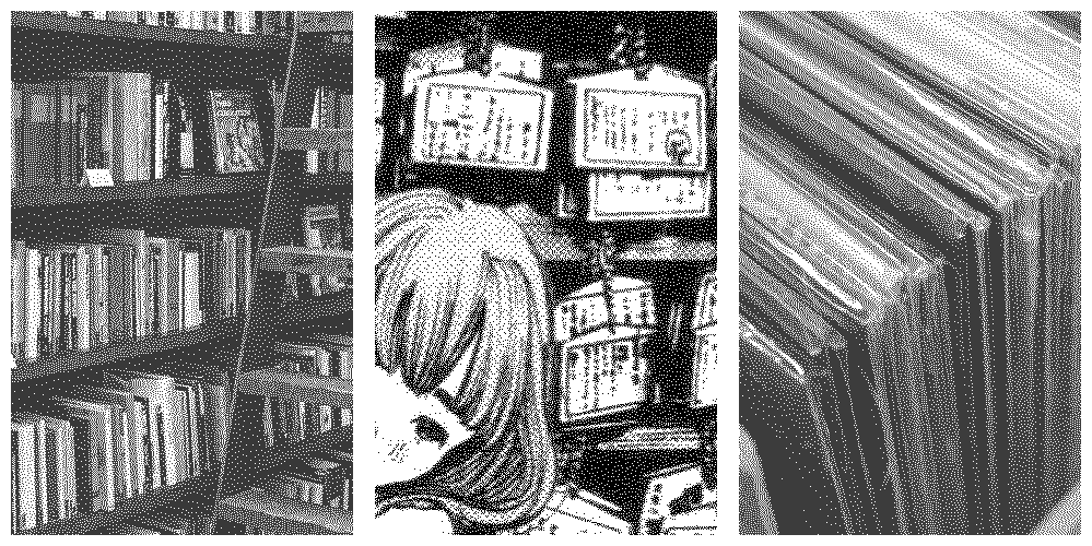 Header composed of three images: shelves full of books, a panel from the managa Oyasumi Pun Pun and a close up of some vinyl records